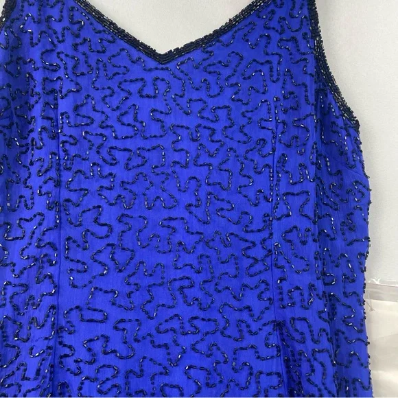 NWT Shalimar Silk Beaded Gown Med Blue Dress Evening Glam Artsy Elegant Maxi 90s